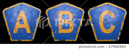 Set of public road signs in blue and orange color with a capital letters A, B, C in the center isolated black background. 3d 67966964