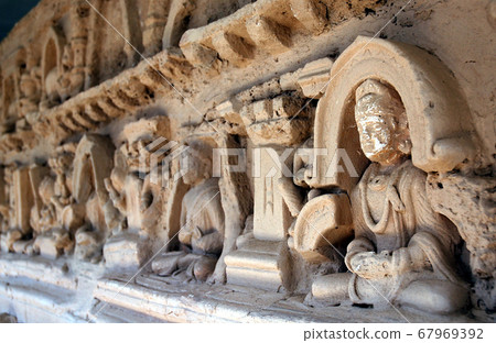 Taxila in Punjab, Pakistan. Ancient Buddhist carvings at the Jaulian Monastery at Taxila, Pakistan. Taxila is an ancient archaeological site recognized by UNESCO. Jaulian Monastery, Taxila.  67969392