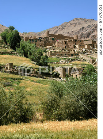 Village with local Afghan houses and a fort. Scenery between Kabul and Bamyan (Bamiyan), Afghanistan. Taken from the road on the southern route between Kabul and Bamyan (Bamiyan), central Afghanistan. Village with local Afghan houses and a fort. Scenery between Kabul and Bamyan (Bamiyan), Afghanistan. Taken from the road on the southern route between Kabul and Bamyan (Bamiyan), central Afghanistan. 67970051