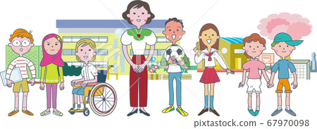 Illustration of elementary school students gathering around the teacher Illustration of elementary school students gathering around the teacher 67970098
