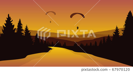 paraglider by big river in a forest autumn landscape paraglider by big river in a forest autumn landscape 67970120