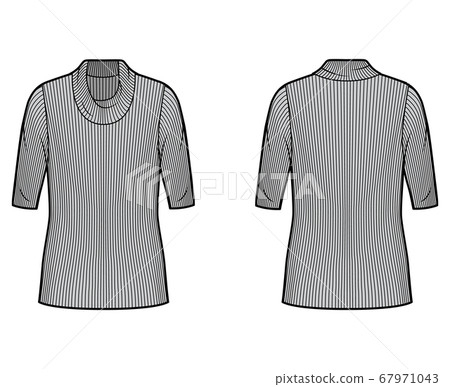 Ribbed cowl turtleneck knit sweater technical fashion illustration with elbow sleeves, oversized body, tunic length.  67971043