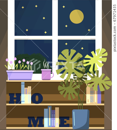 window with a view of the night city, with a flower on the windowsill and a Cup of tea. A flat illustration of a room with bookshelves, letter book holders, a home flower in a monstera pot, and a window with a view of the night city, with a flower on the windowsill and a Cup of tea. A flat illustration of a room with bookshelves, letter book holders, a home flower in a monstera pot, and a 67971435