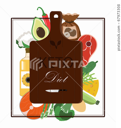 cutting Board and a set of products for the keto diet. Flat illustration with fat healthy foods for ketosis. Salmon, steak, avocado, vegetables, oil. Healthy diet. Poster for advertising and cutting Board and a set of products for the keto diet. Flat illustration with fat healthy foods for ketosis. Salmon, steak, avocado, vegetables, oil. Healthy diet. Poster for advertising and 67973308