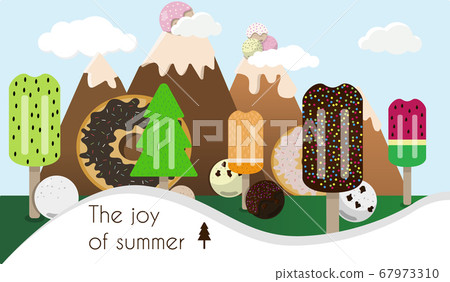 Cartoon picture of a landscape of ice cream and sweets. Mountains with Gelato balls and Popsicle trees.. Flat illustration of a fruit Popsicle. Poster for a pastry shop, summer collection, and dairy Cartoon picture of a landscape of ice cream and sweets. Mountains with Gelato balls and Popsicle trees.. Flat illustration of a fruit Popsicle. Poster for a pastry shop, summer collection, and dairy 67973310