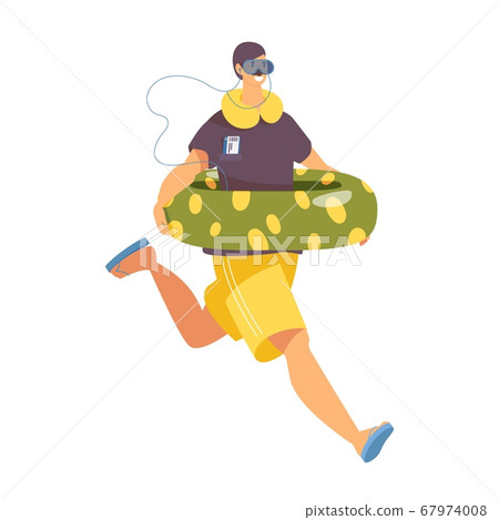 Happy man with inflatable ring running to sea or Happy man with inflatable ring running to sea or 67974008