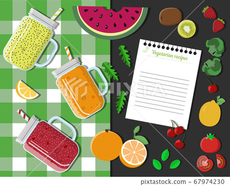Top view of a table with glasses of smoothies, fruits, vegetables and berries. Flat illustration of a berry cocktail recipe on a checkered tablecloth with watermelon, strawberries, citrus, tomatoes 67974230