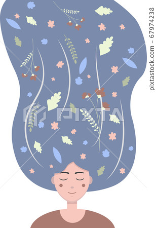 Flat illustration of a girl with flowers and leaves in her long dark hair. Cute image of a young girl with closed eyes, dreaming of flowers and summer. Flat illustration of a girl with flowers and leaves in her long dark hair. Cute image of a young girl with closed eyes, dreaming of flowers and summer. 67974238
