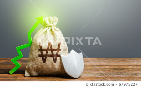 South korean won money bag with a shield and a green arrow up. Safety security of investments, financial system stability. Increasing the maximum amount of guaranteed deposits insurance compensation. South korean won money bag with a shield and a green arrow up. Safety security of investments, financial system stability. Increasing the maximum amount of guaranteed deposits insurance compensation. 67975227