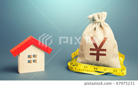 House and a Yen Yuan money bag. Mortgage loan. Property real estate valuation. Buying and selling, fair price. Building maintenance. Calculation of expenses for purchase, construction and repair. House and a Yen Yuan money bag. Mortgage loan. Property real estate valuation. Buying and selling, fair price. Building maintenance. Calculation of expenses for purchase, construction and repair. 67975231