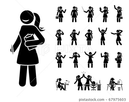 Stick figure business woman standing in different poses design vector icon set. Happy, sad, surprised, amazed, angry face. Sitting, celebrating, writing stickman female person 67975603