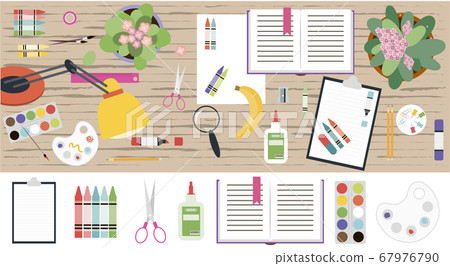 Top view of a working wooden table with stationery. Flat vector illustration of a work space for a schoolboy, student, or office worker. A set of isolated items books, notebooks, markers, pens Top view of a working wooden table with stationery. Flat vector illustration of a work space for a schoolboy, student, or office worker. A set of isolated items books, notebooks, markers, pens 67976790