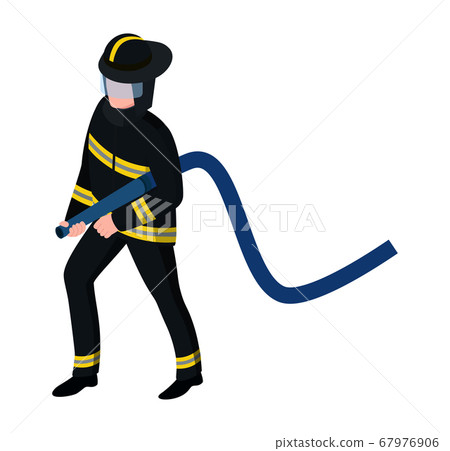 Professional male character fireman extinguish fire standing with water hose isolated on white, isometric vector illustration. 67976906