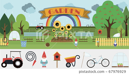 A large set of vector items for the garden. Flat garden illustration design with flowerbeds, tractor, fence, sprouts, flowers, birdhouse, trees, garden decor and equipment. Cute cartoon picture with a 67976929