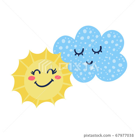 Cute character sun, cloud enjoy springtime weather, warm meteorological condition isolated on white, flat vector illustration. 67977038