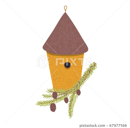 Decorative bird handmade house, home for wildlife character poultry isolated on white, cartoon vector illustration. Cozy blue nesting box. 67977566