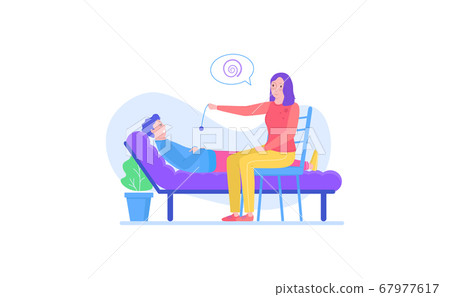 Woman character psychologist conduct medical hypnosis to patient male find forgotten mind psychology problem isolated on white, flat vector illustration. Woman character psychologist conduct medical hypnosis to patient male find forgotten mind psychology problem isolated on white, flat vector illustration. 67977617