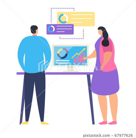 Team leader female tell subordinate work business task, male character office worker training course, isolated on white, flat vector illustration. Team leader female tell subordinate work business task, male character office worker training course, isolated on white, flat vector illustration. 67977626