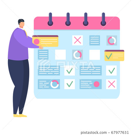 Tiny male character stand business scheduler, professional time manager isolated on white, flat vector illustration. Info industry business task. Tiny male character stand business scheduler, professional time manager isolated on white, flat vector illustration. Info industry business task. 67977631