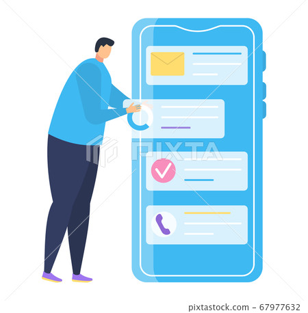 Tiny man character mobile phone application, male stand smartphone infographics isolated on white, flat vector illustration. Tiny man character mobile phone application, male stand smartphone infographics isolated on white, flat vector illustration. 67977632