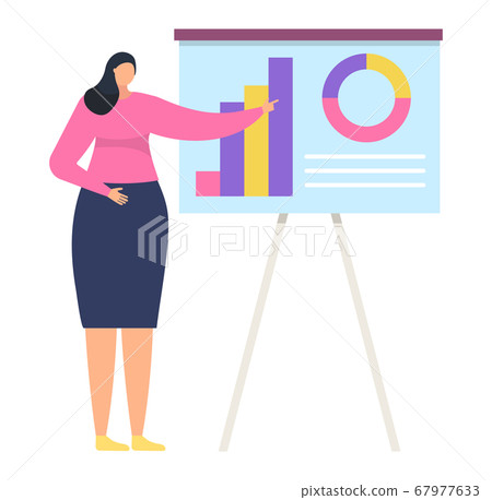 Woman character business task manager, female stand board infographics isolated on white, flat vector illustration. Info industry work. Woman character business task manager, female stand board infographics isolated on white, flat vector illustration. Info industry work. 67977633