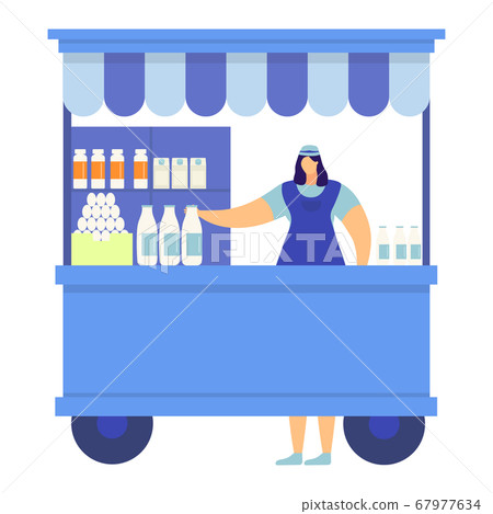 Street urban milk store and egg shop, woman character farmer trade homemade dairy product isolated on white, flat vector illustration. Street urban milk store and egg shop, woman character farmer trade homemade dairy product isolated on white, flat vector illustration. 67977634