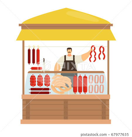 Professional male character butcher store, trade meat product and sausage, street kiosk to sell semi finished mince isolated on white, flat vector illustration. Professional male character butcher store, trade meat product and sausage, street kiosk to sell semi finished mince isolated on white, flat vector illustration. 67977635