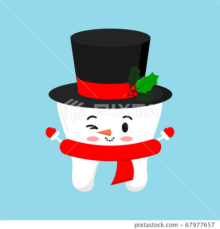 Cute chistmas tooth in snowman costume - black hat with mistletoe red scarf icon in cartoon flat style isolated on background. Cute chistmas tooth in snowman costume - black hat with mistletoe red scarf icon in cartoon flat style isolated on background. 67977657