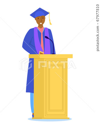 Black man character complete secondary school, graduation student standing get diploma isolated on white, flat vector illustration. Black man character complete secondary school, graduation student standing get diploma isolated on white, flat vector illustration. 67977810