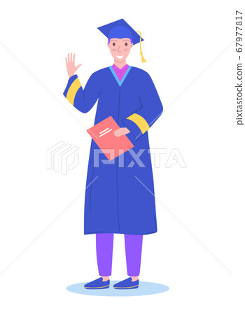 Black man character complete secondary school, graduation student standing get diploma isolated on white, flat vector illustration. Black man character complete secondary school, graduation student standing get diploma isolated on white, flat vector illustration. 67977817