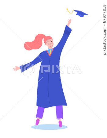 Graduation girl character, school graduation student hold diploma in hat isolated on white, flat vector illustration. Completion secondary education. Graduation girl character, school graduation student hold diploma in hat isolated on white, flat vector illustration. Completion secondary education. 67977819
