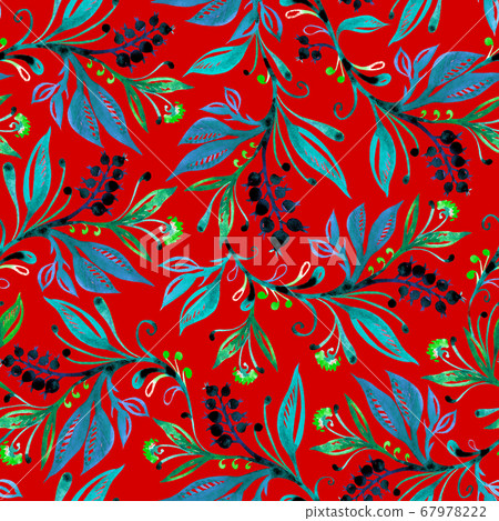Floral watercolor seamless pattern in green and blue colors on re background.  67978222