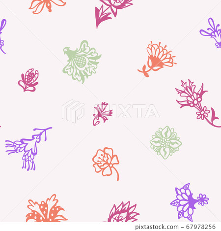 Fantasy floral. Decorative botanical vector seamless pattern made of abstract oriental flowers. Flat design, outline contour drawing. 67978256