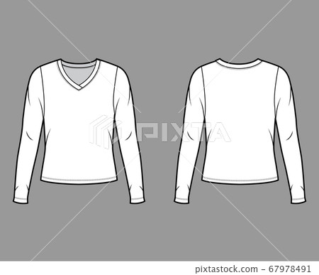 V-neck jersey sweater technical fashion illustration with long sleeves, oversized body V-neck jersey sweater technical fashion illustration with long sleeves, oversized body 67978491
