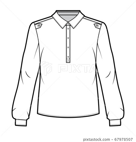 Henley shirt technical fashion illustration with buttoned placket, shoulder epaulettes, classic military style 67978507