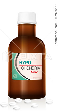 HYPOCHONDRIA pills for hypochondriacs. Brown medicine glass bottle, concerning medical abuse, obsession, addiction and dependence. Isolated vector on white. 67978552