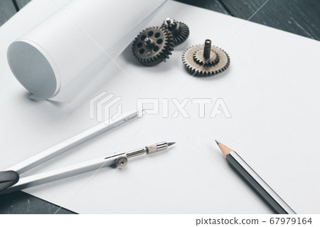 Engineering supplies and blueprints on workplace close up Engineering supplies and blueprints on workplace close up 67979164