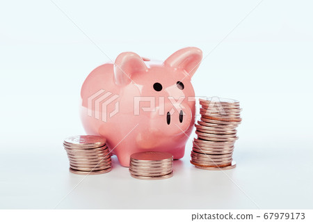 Pink piggy bank and coins isolated on white. creative photo. 67979173