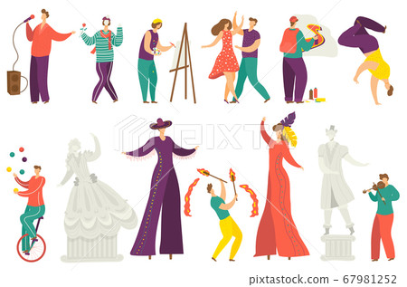 Street artist vector illustration set, cartoon flat active artist characters performing show, artistic street performance isolated on white Street artist vector illustration set, cartoon flat active artist characters performing show, artistic street performance isolated on white 67981252