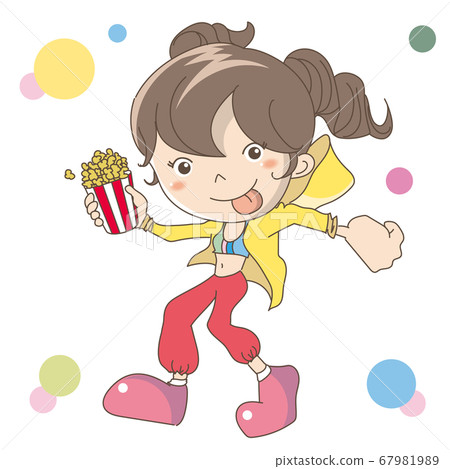Woman holding popcorn in her hand Woman holding popcorn in her hand 67981989