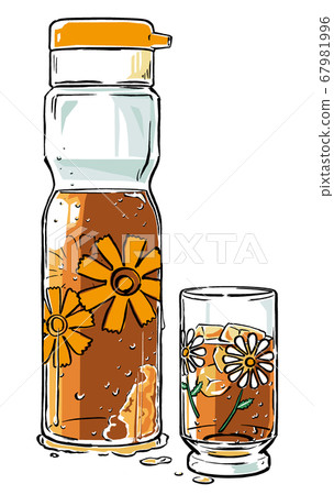 Showa retro pop pattern cold water pot with cold barley tea and glass cup with brush painting and matte coating 67981996