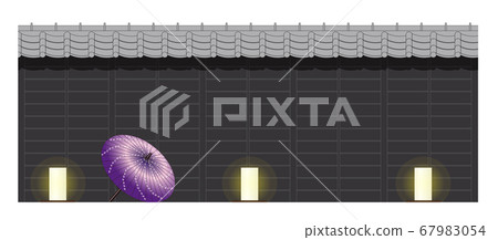 Elevated view of traditional lantern, Japanese umbrella and traditional Japanese plank wall Elevated view of traditional lantern, Japanese umbrella and traditional Japanese plank wall 67983054