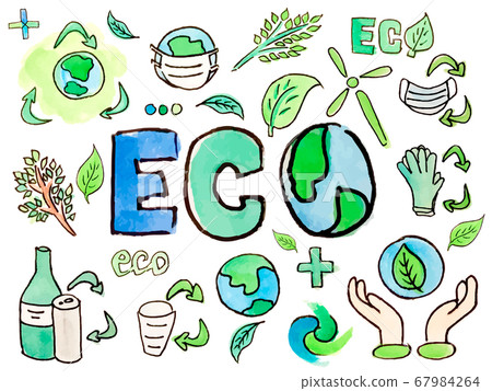 Watercolor hand painted ecology recycling waste icons Watercolor hand painted ecology recycling waste icons 67984264