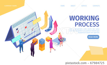 Working proccess in business, teamwork and growing work statistics in creative team landing webpage template, vector illustration. Little people. 67984725
