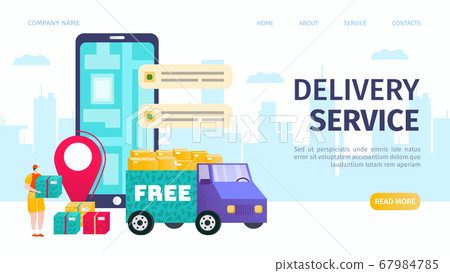 Delivery service landing page vector illustration, van and mobile phone with map on city background, courier deliveryman with cargo. Delivery service landing page vector illustration, van and mobile phone with map on city background, courier deliveryman with cargo. 67984785