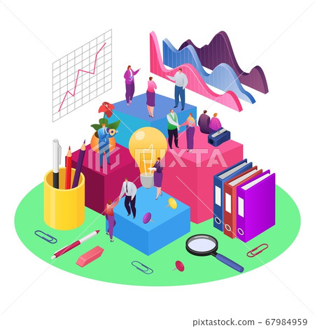 Teamwork and development data analysis graphs and data isometric vector illustration. Financial report and strategy. 67984959