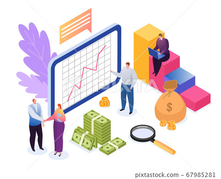 Investment concept of finances flat vector illustration. Development, data research financial growth, graph statistics and investers tiny people. Investment concept of finances flat vector illustration. Development, data research financial growth, graph statistics and investers tiny people. 67985281