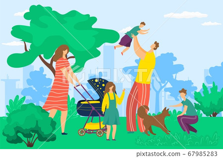 Happy family with kids walking outdoor in city park, having fun together, playing with children and dog cartoon vector illustration. Happy family with kids walking outdoor in city park, having fun together, playing with children and dog cartoon vector illustration. 67985283