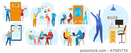 Job interview, hiring and recruitment flat set of isolated vector illustrations. Hiring process with people waiting for business. 67985756