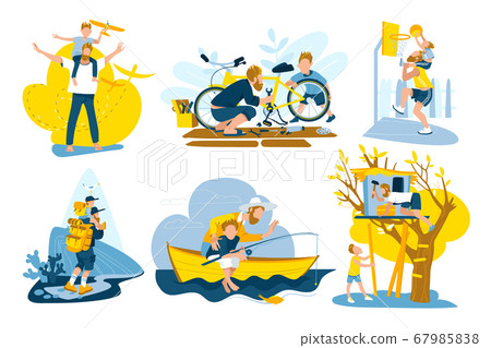 Father and son spending time together set of vector illustrations. Playing, fishing, hiking and building tree house, launching toy airplane. Father and son spending time together set of vector illustrations. Playing, fishing, hiking and building tree house, launching toy airplane. 67985838